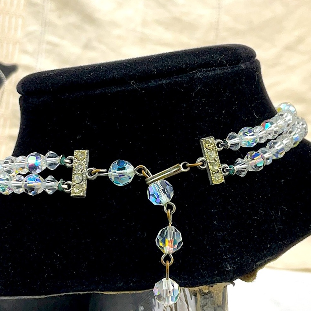 Vintage 14” 1930’s Double Strand Glass Aurora Borealis Crystal Beaded Necklace - Picture 2 of 5
